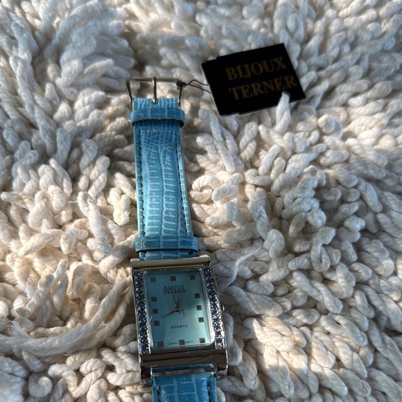New BIJOUX TERNER Blue Silver Blue Tint Crystal Frame Leather Watch - Picture 2 of 10